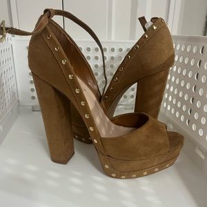 Tan studded block heeled ankle straps heels